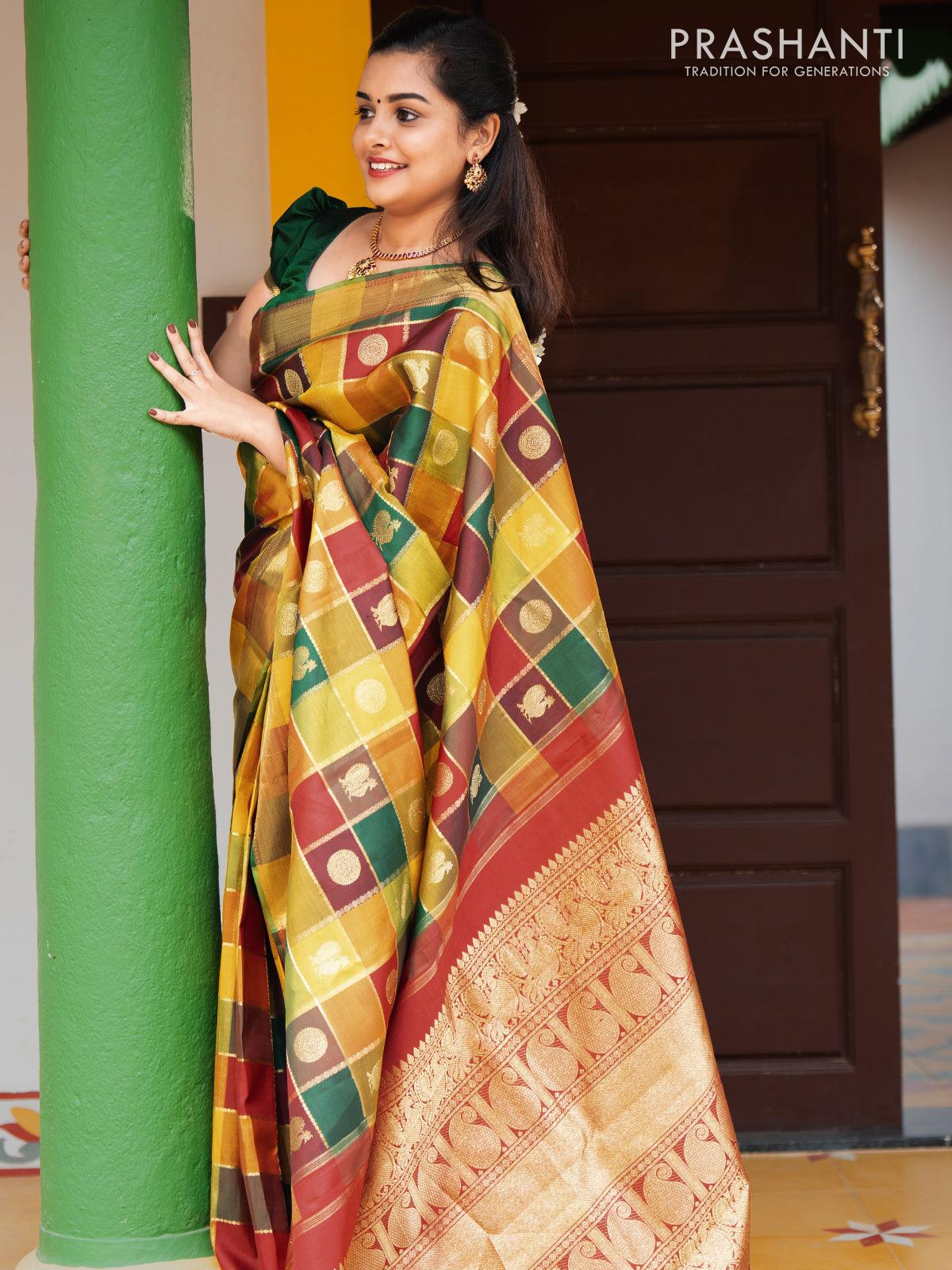 Kanchipuram silk saree in Multicolor(Paalum Pazhamum) with Peacock mot |  Silk sarees, Handloom saree, Handmade tassels