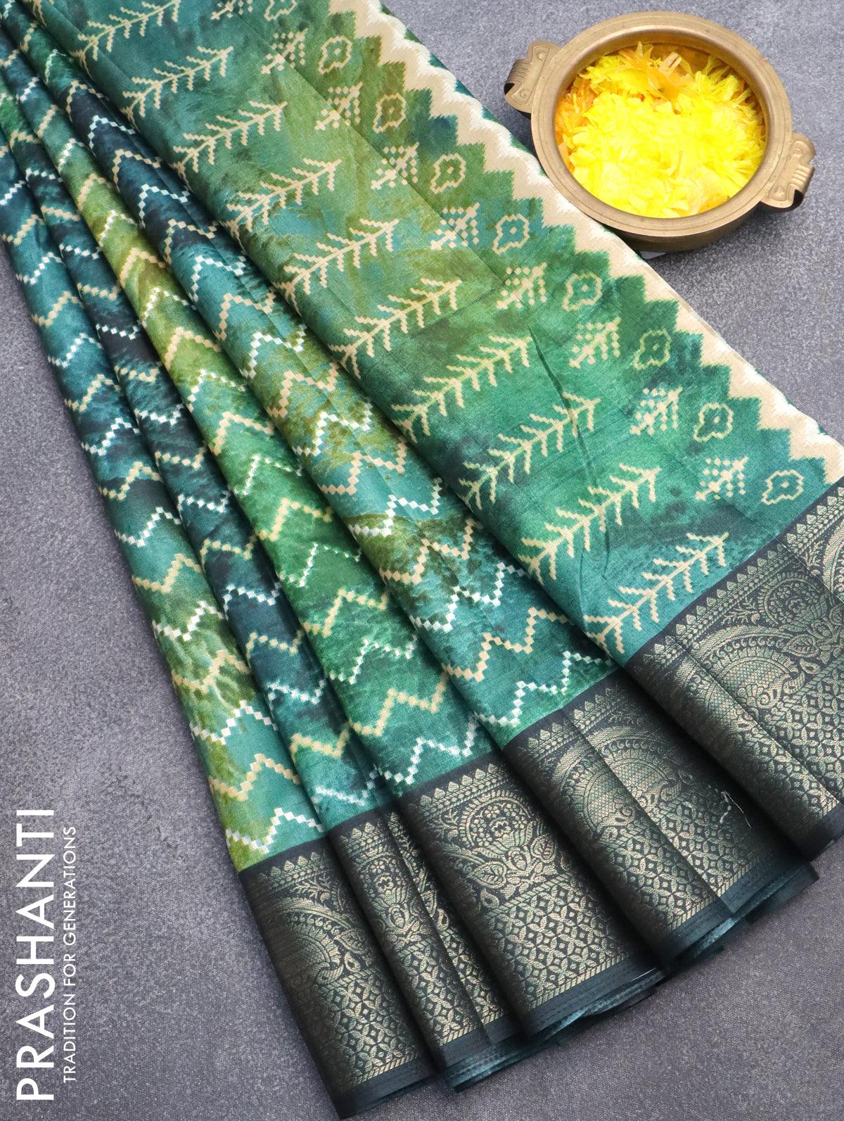 Green Blue Fusion Ikkat Weave Pure Cotton Saree With Silver Border -  Loomfolks