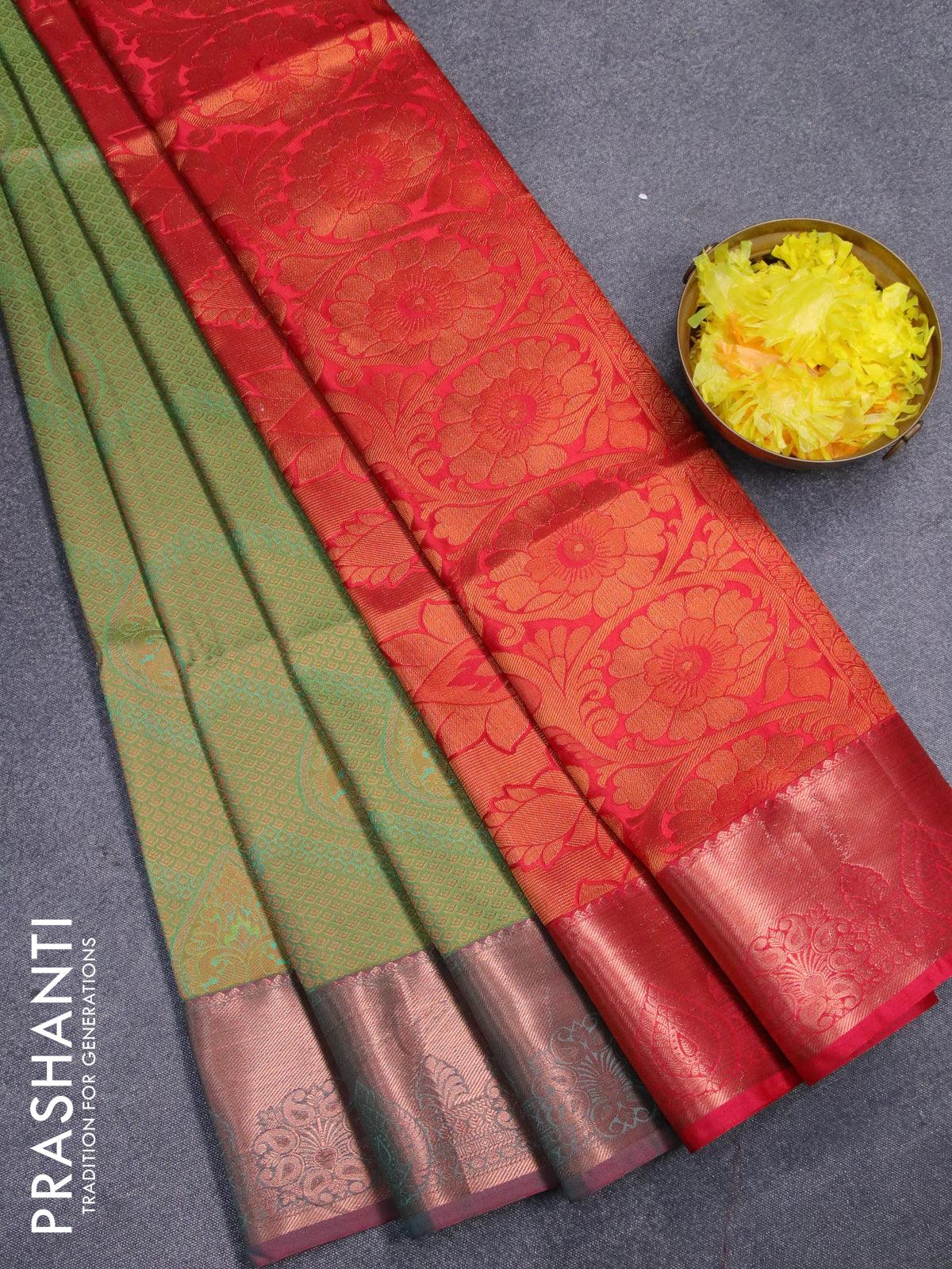 semi soft silk saree dual shade of green and red with allover zari woven brocade weaves and copper zari woven border prashanti sarees 1