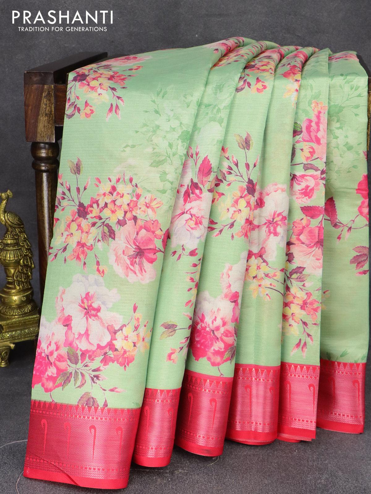 Tissue saree green and pink with allover digital floral prints and mun –  Prashanti Sarees