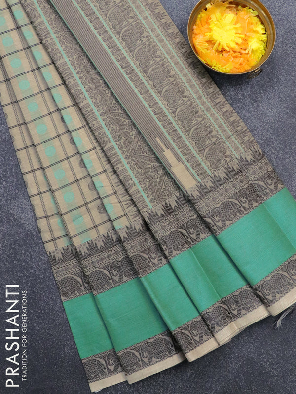 Kanchi cotton saree beige and teal blue with allover thread check rudhraksha buttas and thread woven rettapet border
