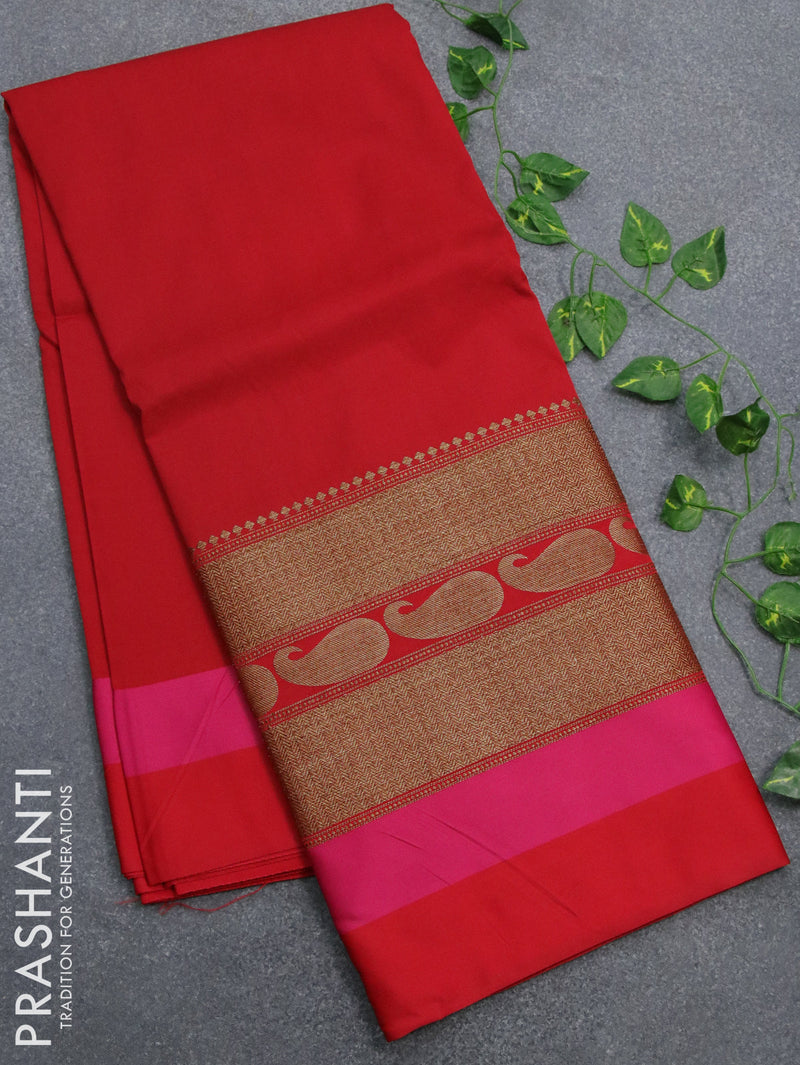 Banarasi semi katan saree red with plain body and long zari woven simple border