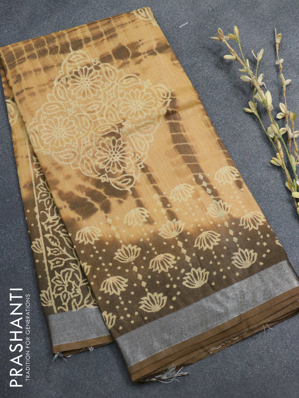 Linen cotton saree sandal and brown with tie & dye butta prints and silver zari woven border