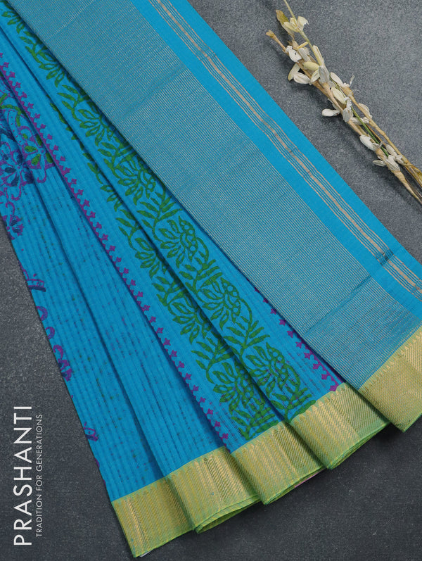 Mangalgiri cotton saree light blue and light green with allover prints and zari woven border