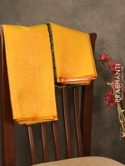 Pure soft silk saree yellow and dark green with allover golden zari weaves in borderless style