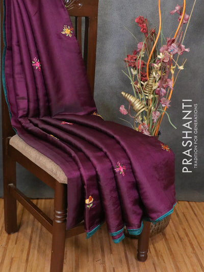 Semi satin silk saree purple and with floral embroidery work and embroided blouse