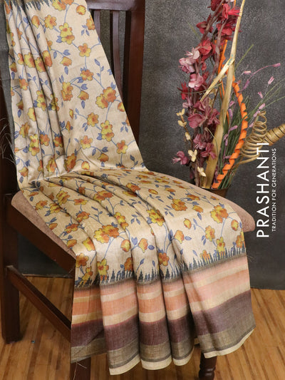 Semi linen saree beige and grey with allover floral prints and simple border