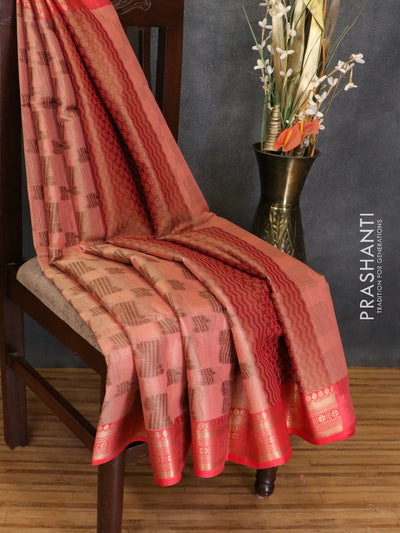 Semi katan tissue saree peach and red with woven buttas and zari woven banarasi border