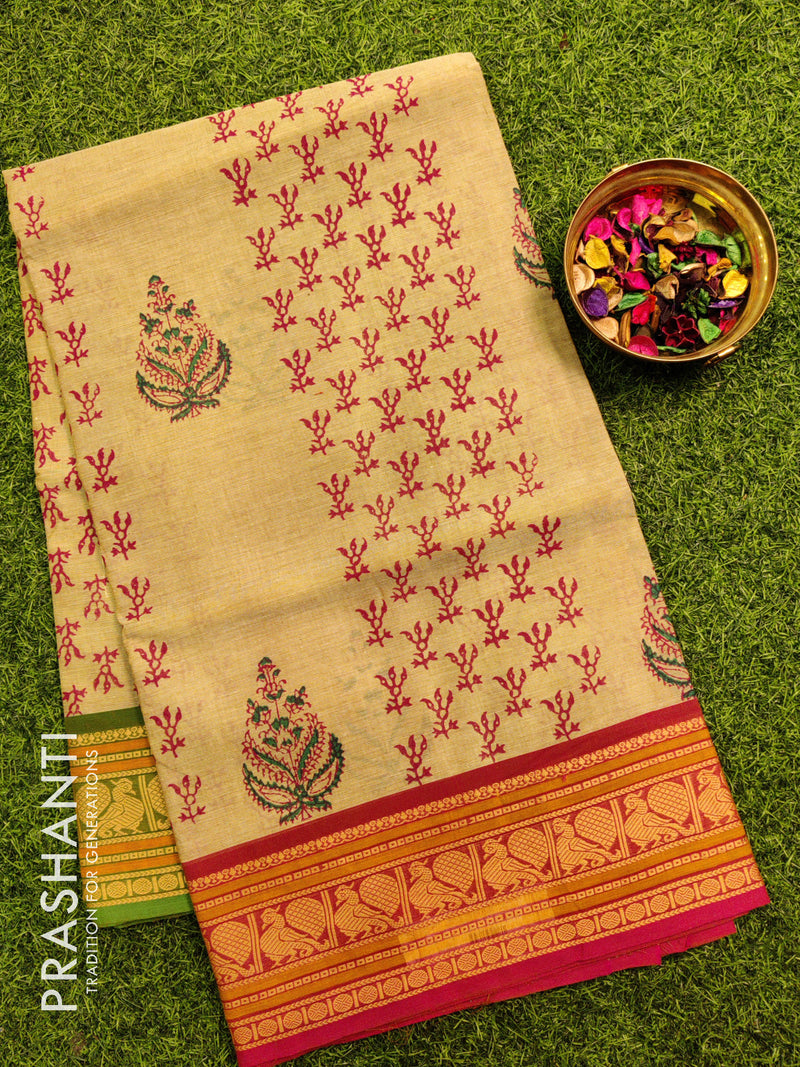 Chettinad cotton saree pale green shade with handblock prints without blouse
