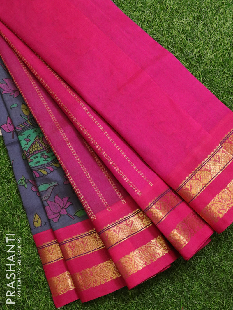 Silk cotton saree grey and pink with allover kalamkari prints and paisley rettapet zari woven korvai border