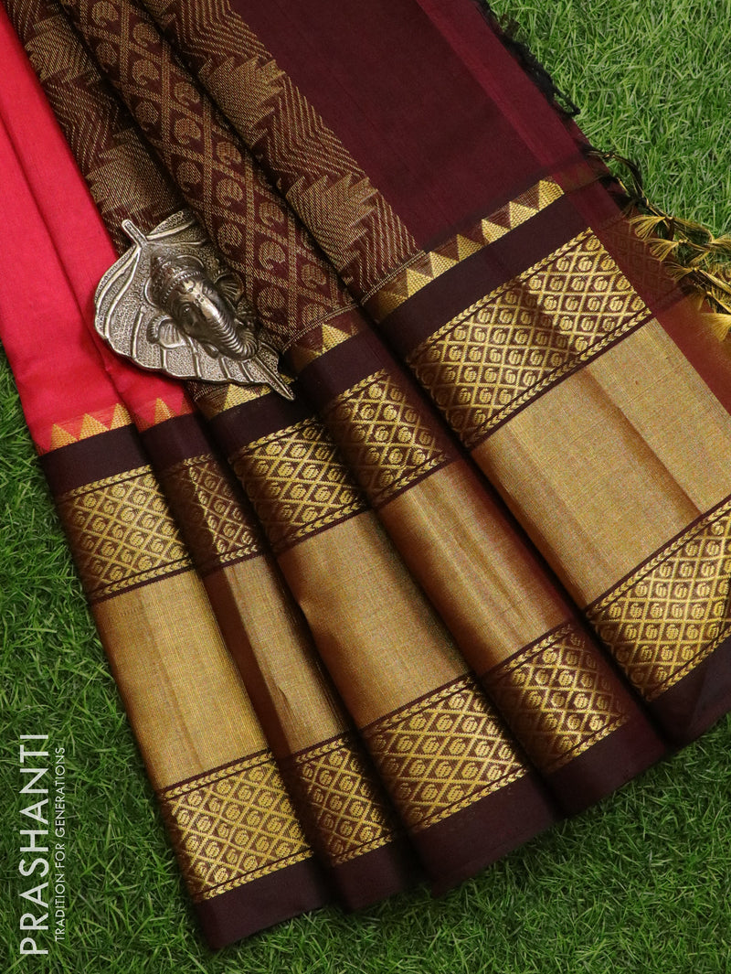 Kuppadam silk cotton saree pink and brown with plain body and long zari woven border