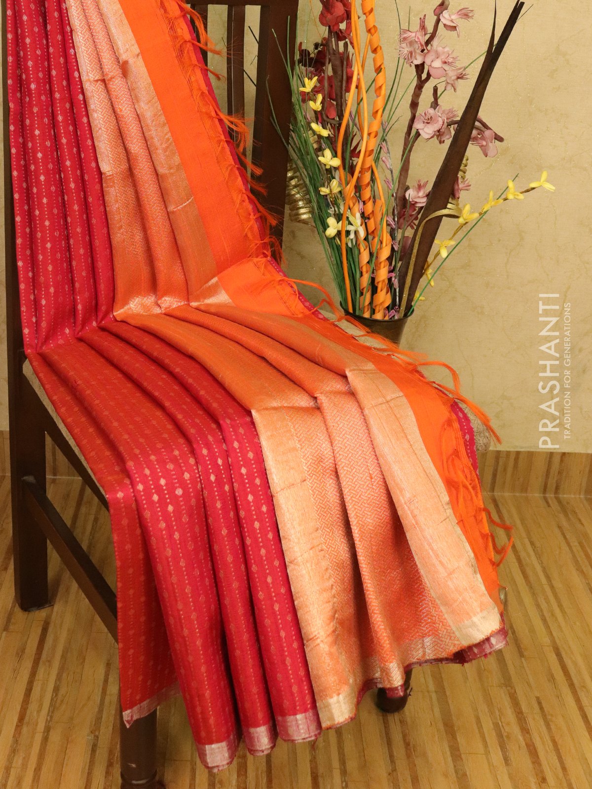 Buy Pure raw silk saree pink shade and orange with allover ...