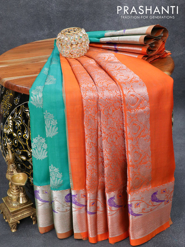 Venkatagiri silk saree teal blue and orange with silver zari woven buttas and silver zari woven border