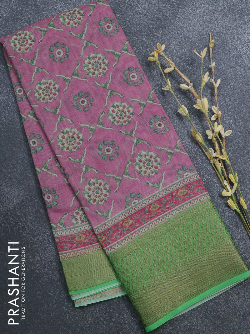 Semi chanderi saree purple shade and green with allover prints and banarasi style border -