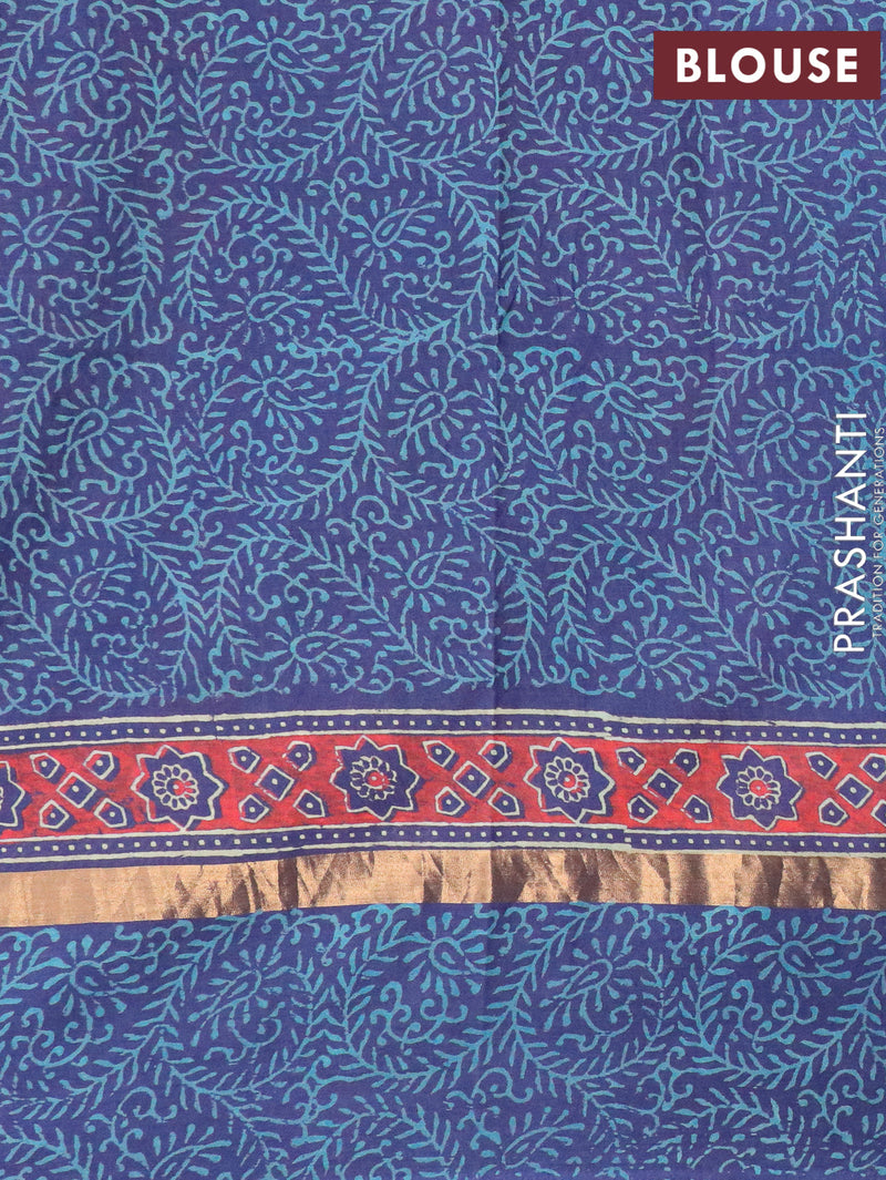 Assam silk saree blue with allover prints and zari woven simple border