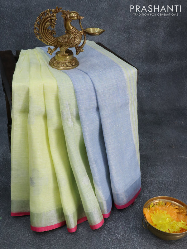 Pure linen saree pale yellow and pink with silver zari woven buttas and silver zari woven border