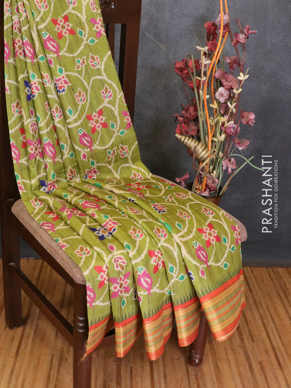 Semi linen silk saree lime green and red with allover floral prints and zari woven border