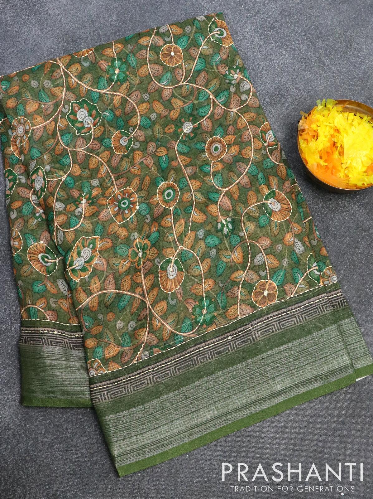 Kalamkari semi silk saree green and yellow with allover prints and pri –  Cherrypick