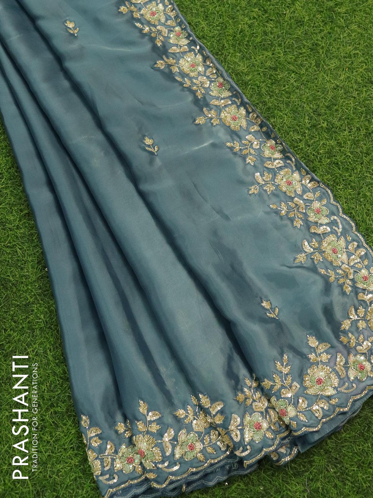 Buy Sky Blue Floral Printed Satin Saree From Ethnic Plus