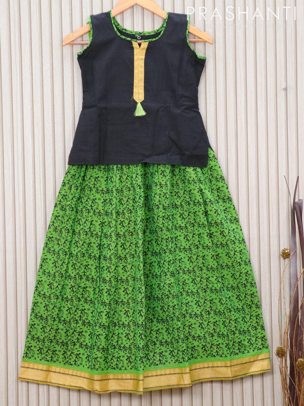 Mangalagiri cotton kids lehanga black and green with patch work neck p –  Prashanti Sarees