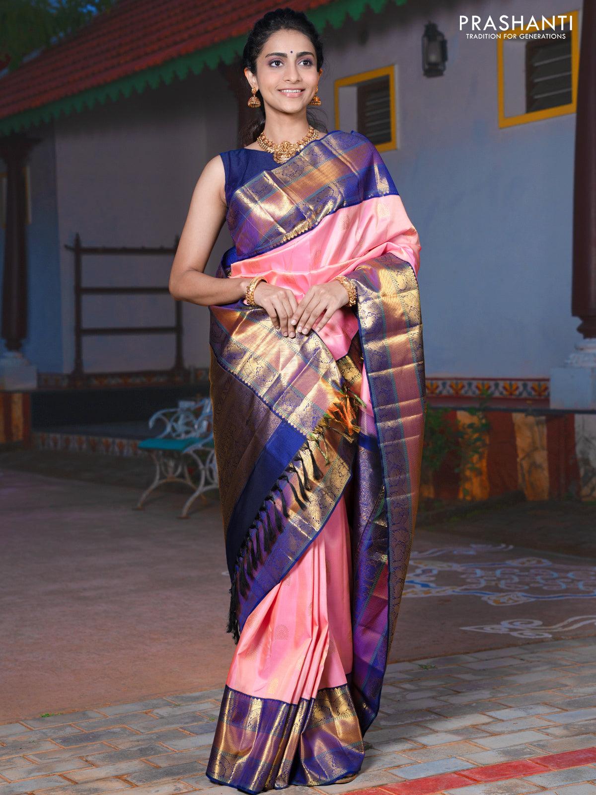 Pa - Pure kanjivaram silk saree baby pink and navy blue with zari wove –  Cherrypick