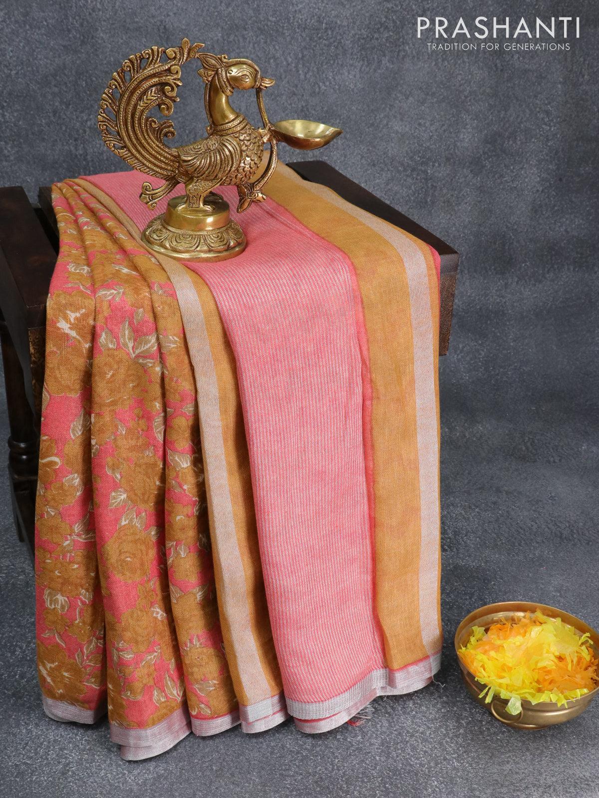 Semi linen saree peach pink and pink with allover prints and simple bo –  Cherrypick