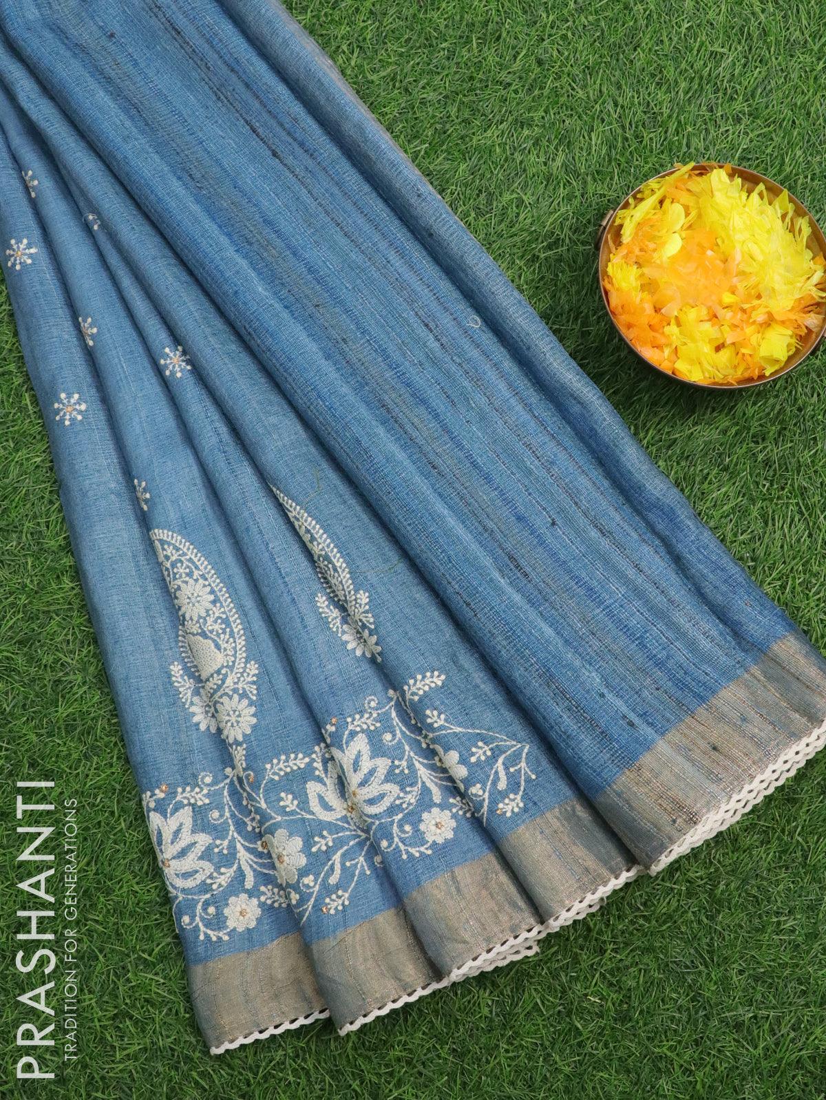 Royal Blue Peepal Ikat Handspun Tussar Silk Saree