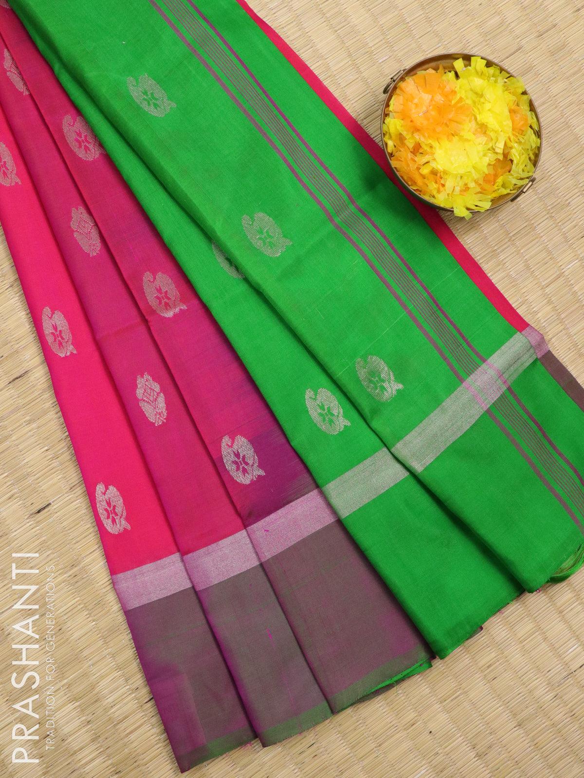 Handcrafted Magenta Tissue Linen saree with silver Zari border - Kihums  handloom - 3339700