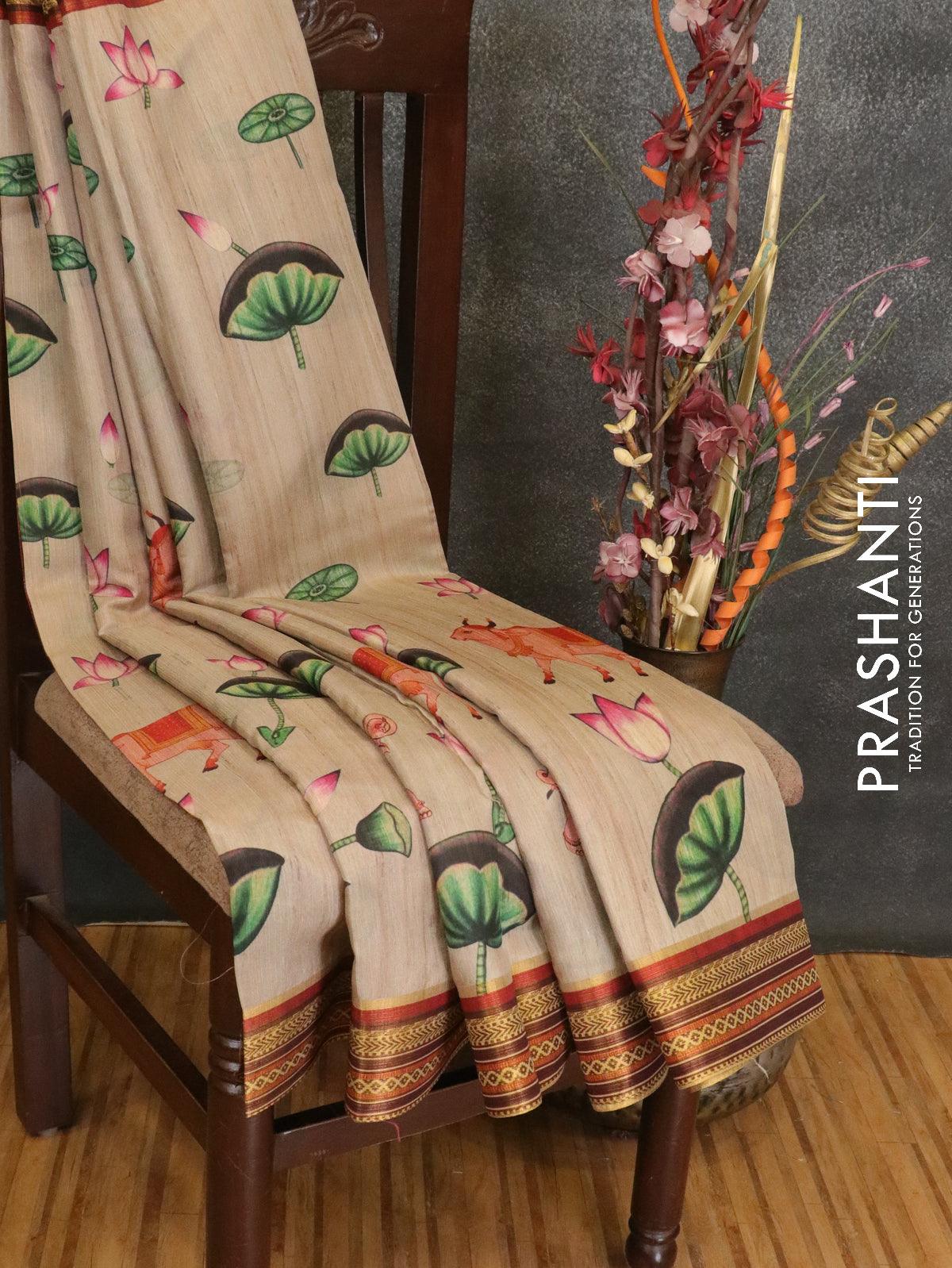 Semi linen saree wine shade and sandal with allover bandhani prints & –  Cherrypick