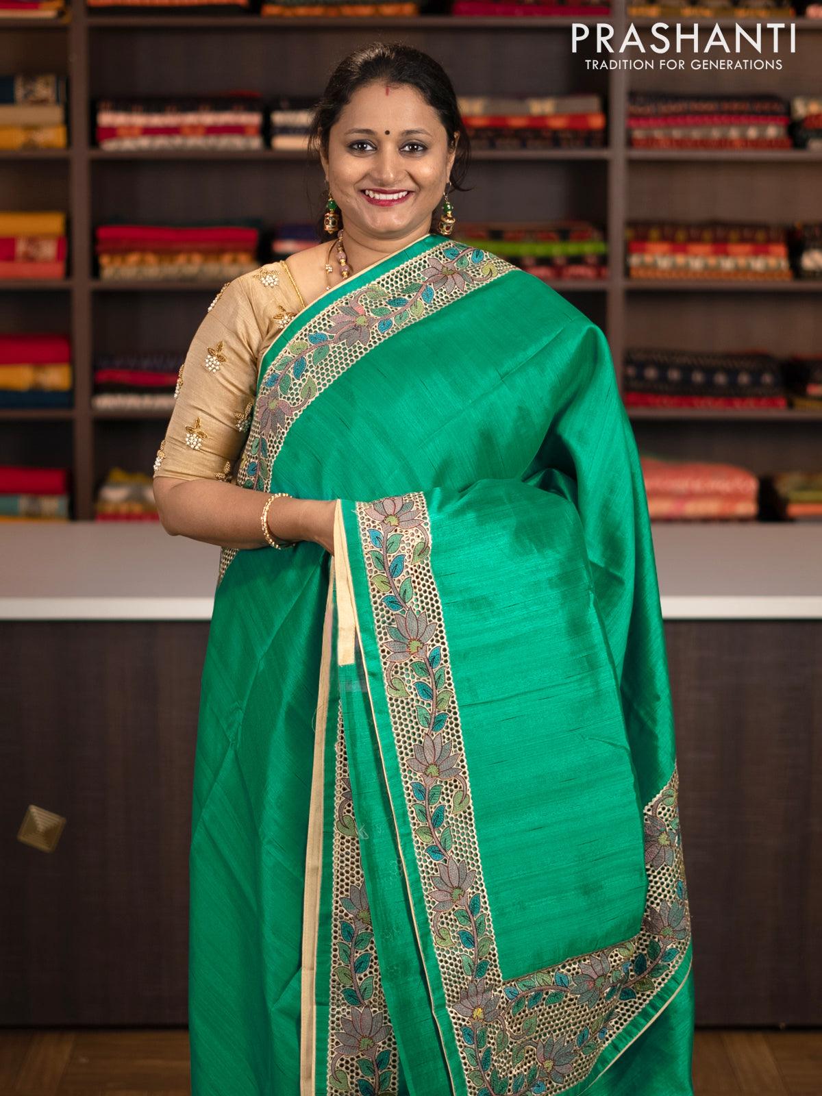 Unique Weaves Aasam silk saree with cut work embroidered work all over with  zari woven temple border and zari woven pallu with zari woven blouse piece