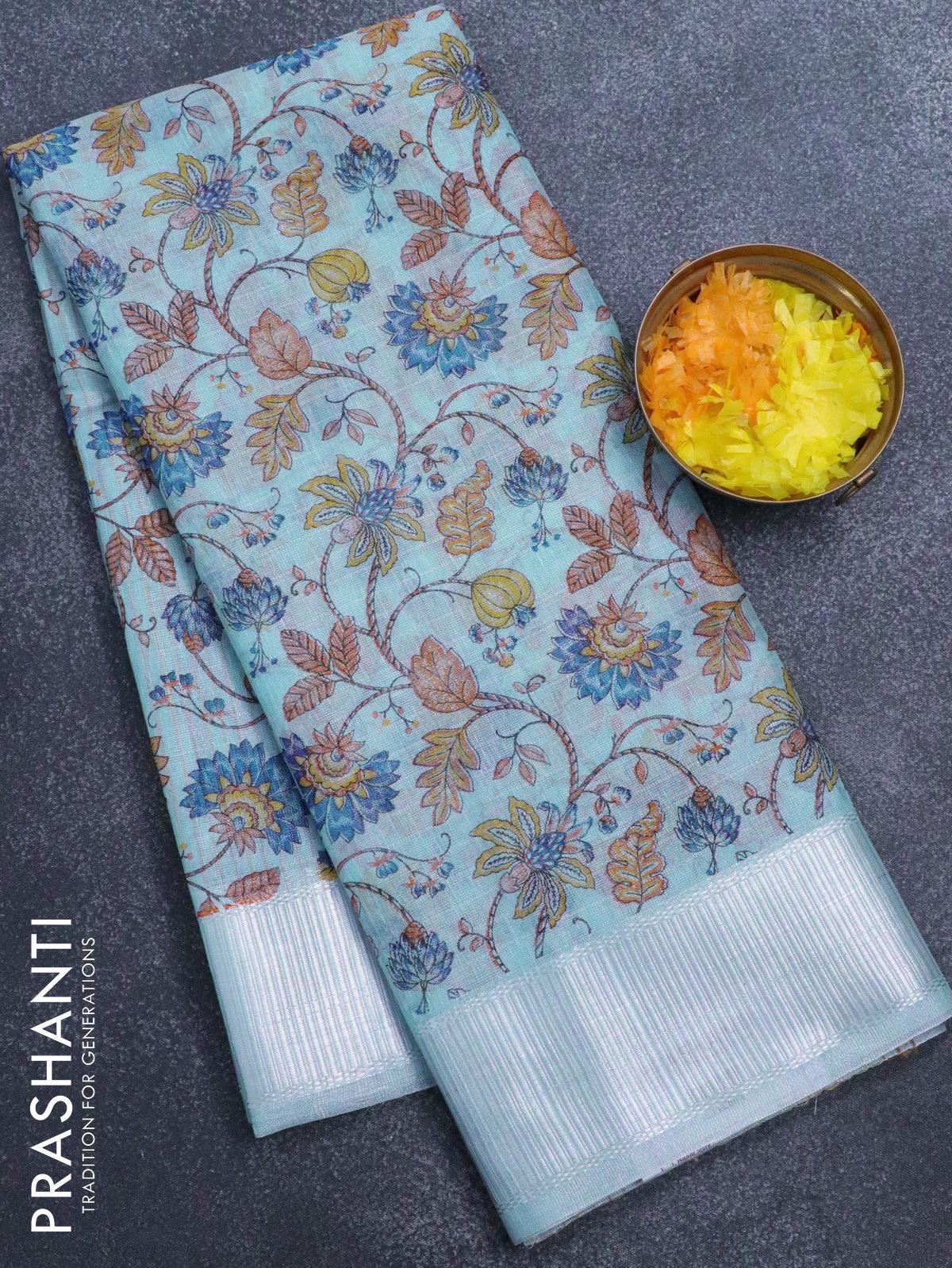 Linen cotton saree multi colour and dark green with allover prints and  silver zari woven border at 85000 by Prashanti – Prashanti Sarees