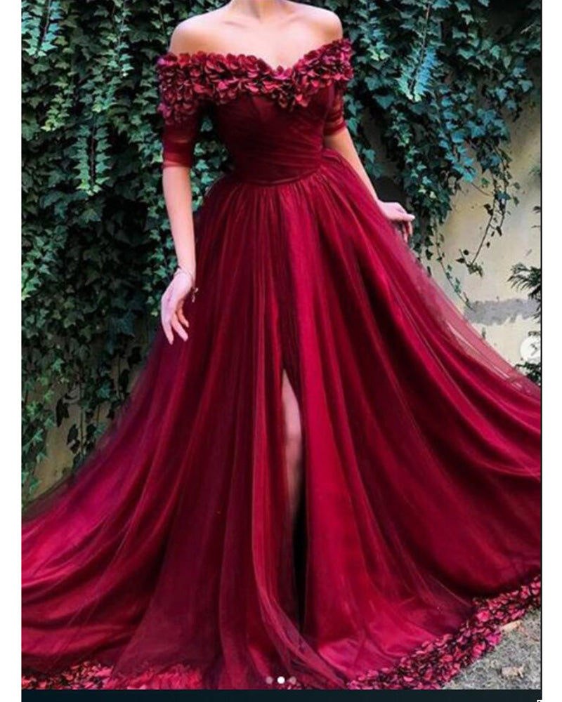 Elegant Long Prom Dresses 2019 Off the Shoulder Burgundy Flowers Forma ...