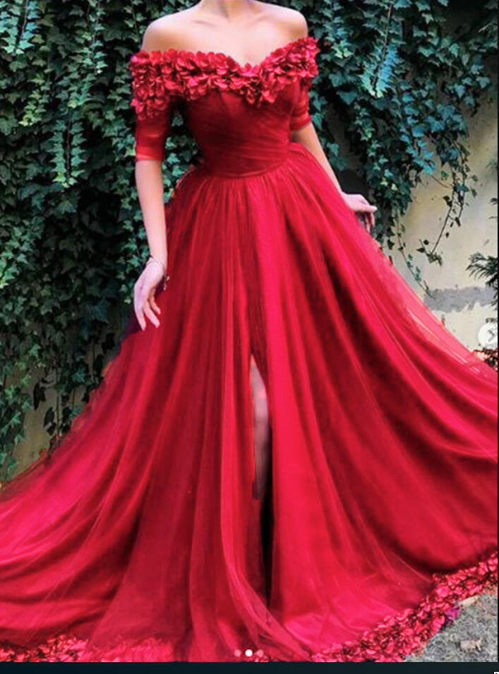 Elegant Long Prom Dresses 2019 Off the Shoulder Burgundy Flowers Forma ...