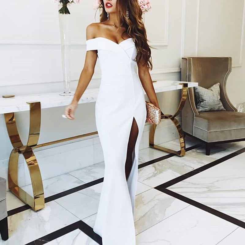 Sexy White Prom Dress Satin Fitted Gown Split Long Party Gown 2018 Eve ...