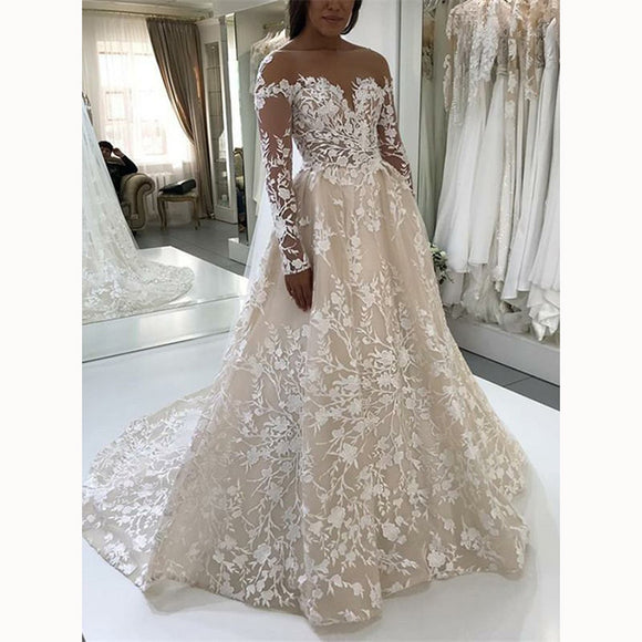 Champagne Ivory Lace Vintage Wedding Gown Long Sleeve Bridal Dresses Siaoryne 9837