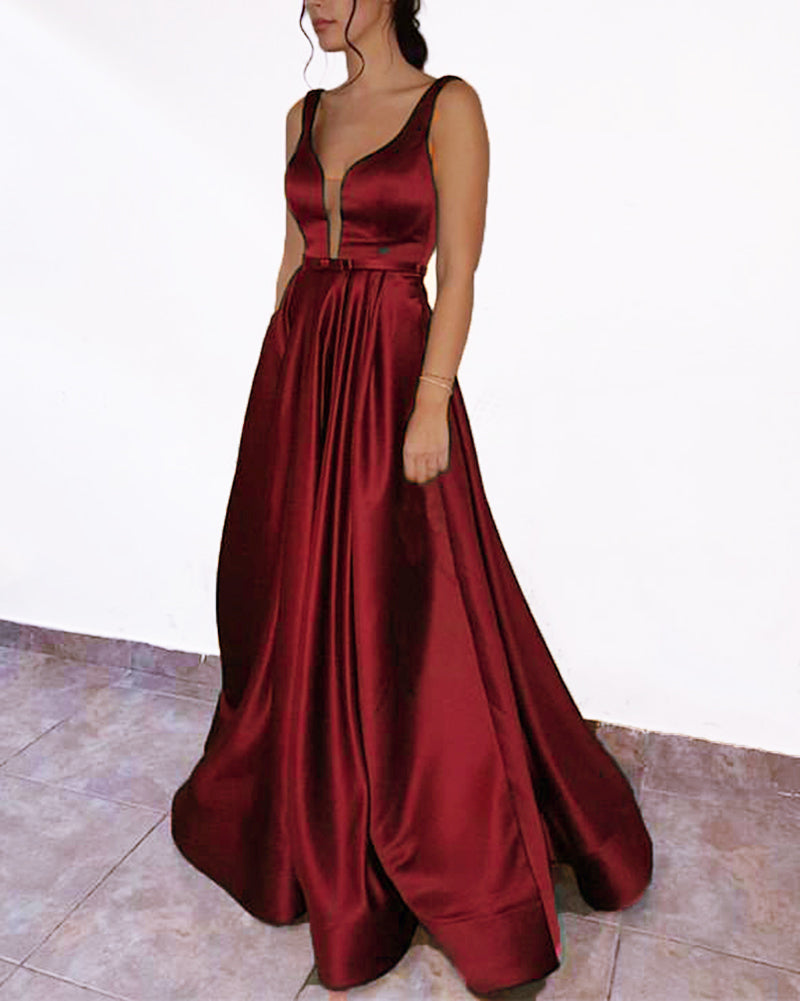 V Neck Satin Burgundy Long Prom Dresses with Straps PL669 – Siaoryne