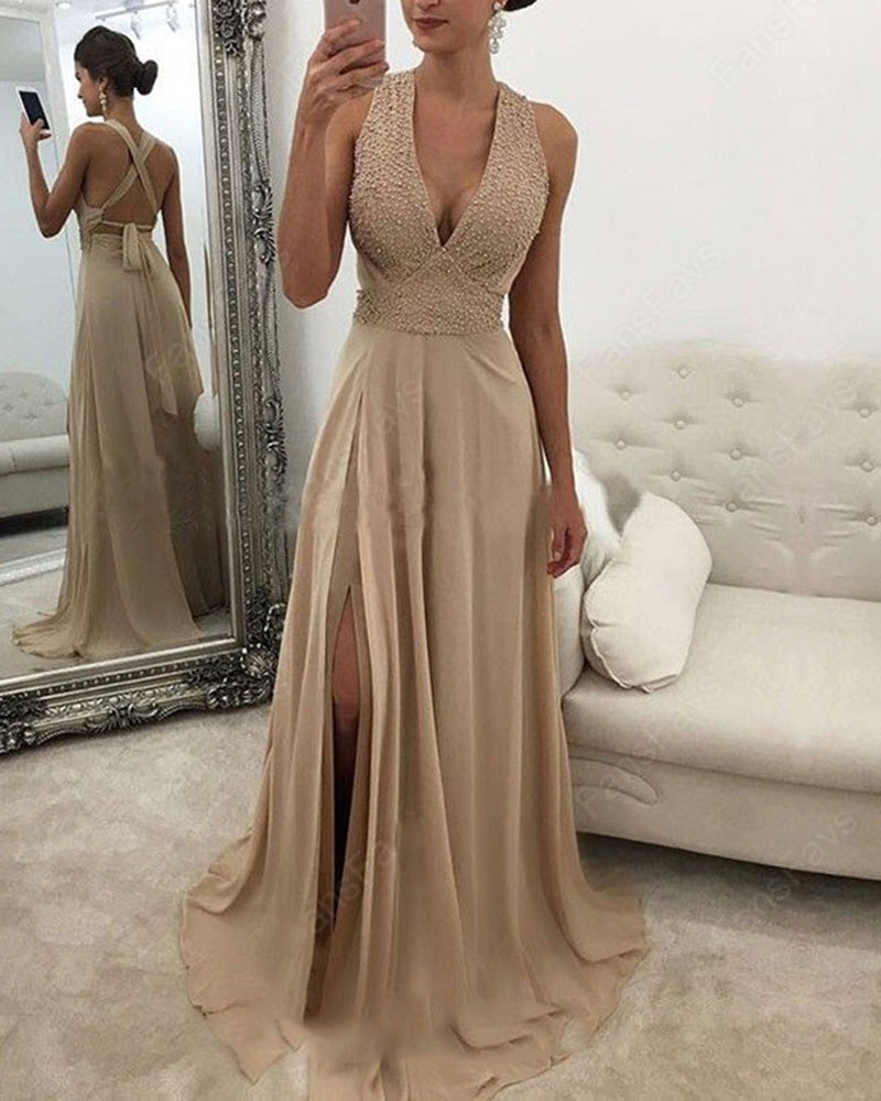 Champagne Halter Beading Long Evening Dresses Party Gown With Slit Pl8 Siaoryne