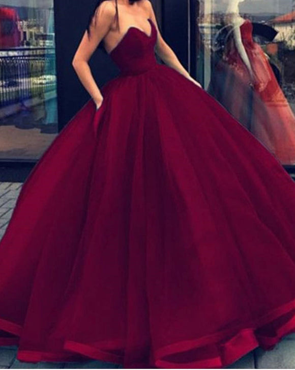 Burgundy Wine Red Princess Ball Gown Debutante Prom Dresses Strapless ...