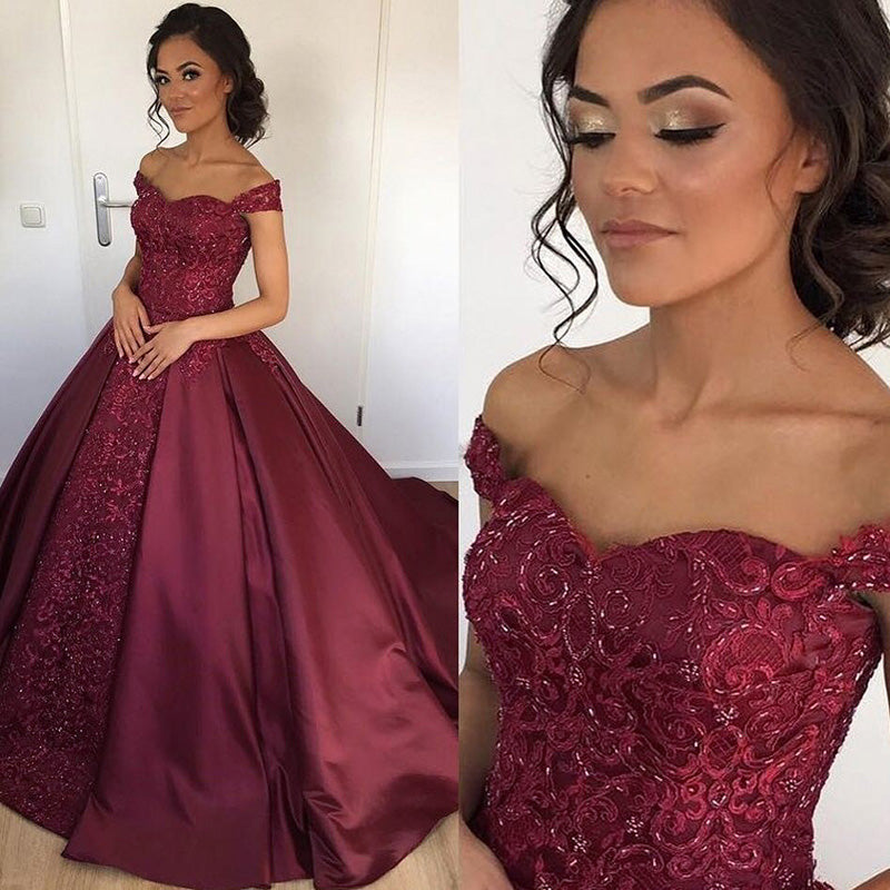 Princess Off Shoulder Ball Gown Burgundy Wedding Dresses with Lace and ...