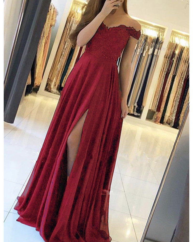 Elegant Off Shoulder lace Appliqued Girls Long Prom Dress with Sexy Sl ...