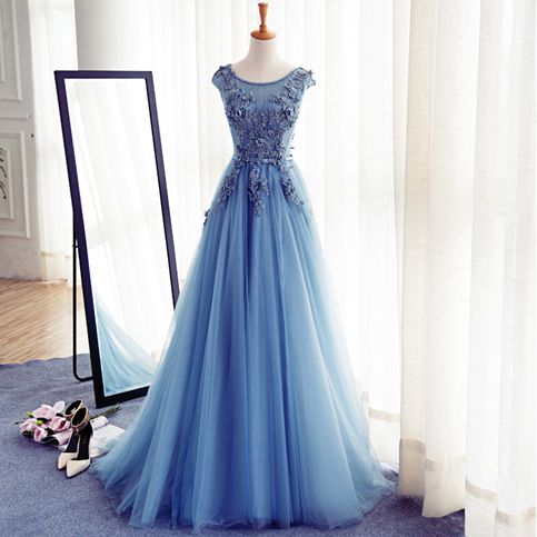 Buy Siaoryne Elegant Scoop Neck Lace Blue Long Prom  Dress  