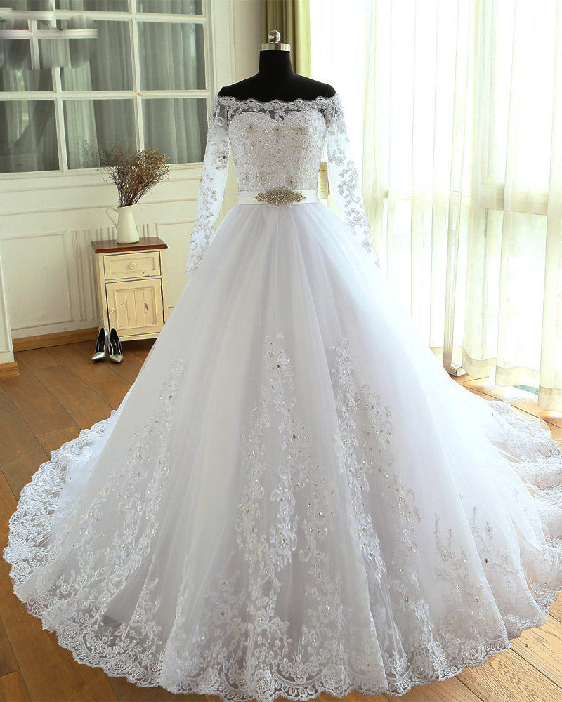 Princess White Long Sleeves Lace Wedding Dresses Bride Gown Ball Gown ...