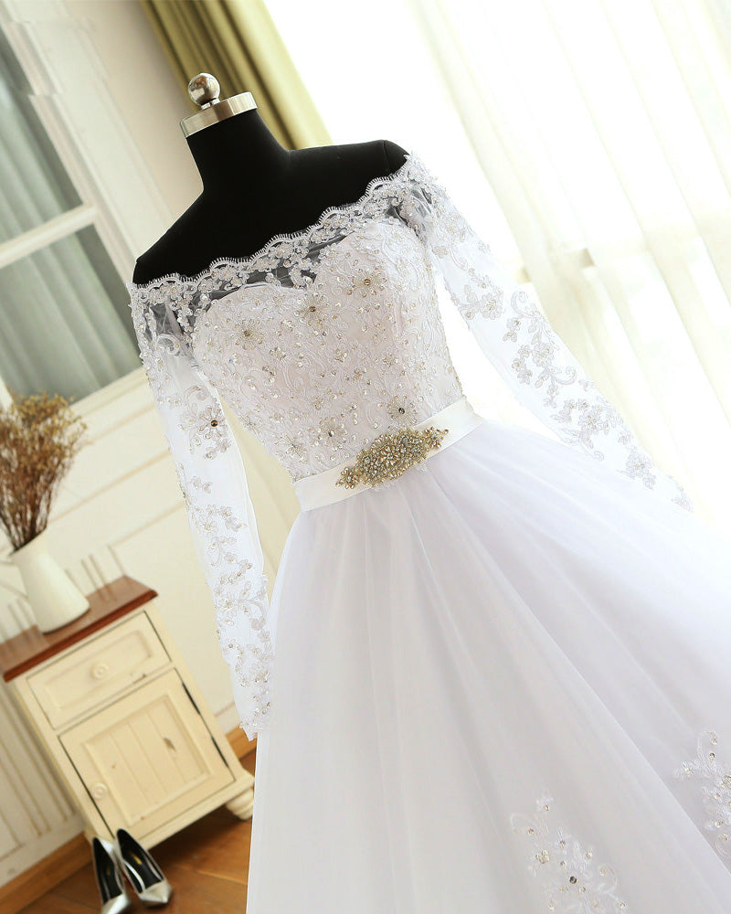 Princess White Long Sleeves Lace Wedding Dresses Bride Gown Ball