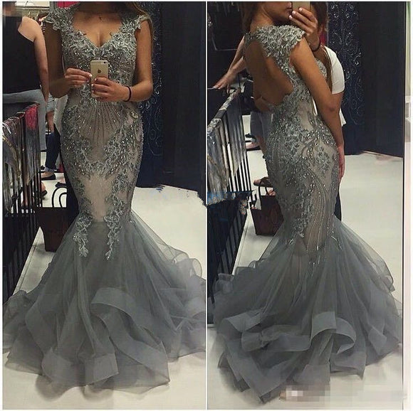 Luxury Chic Grey Mermaid Prom Dress Women Lace Beaded Long Evening For Siaoryne 9593