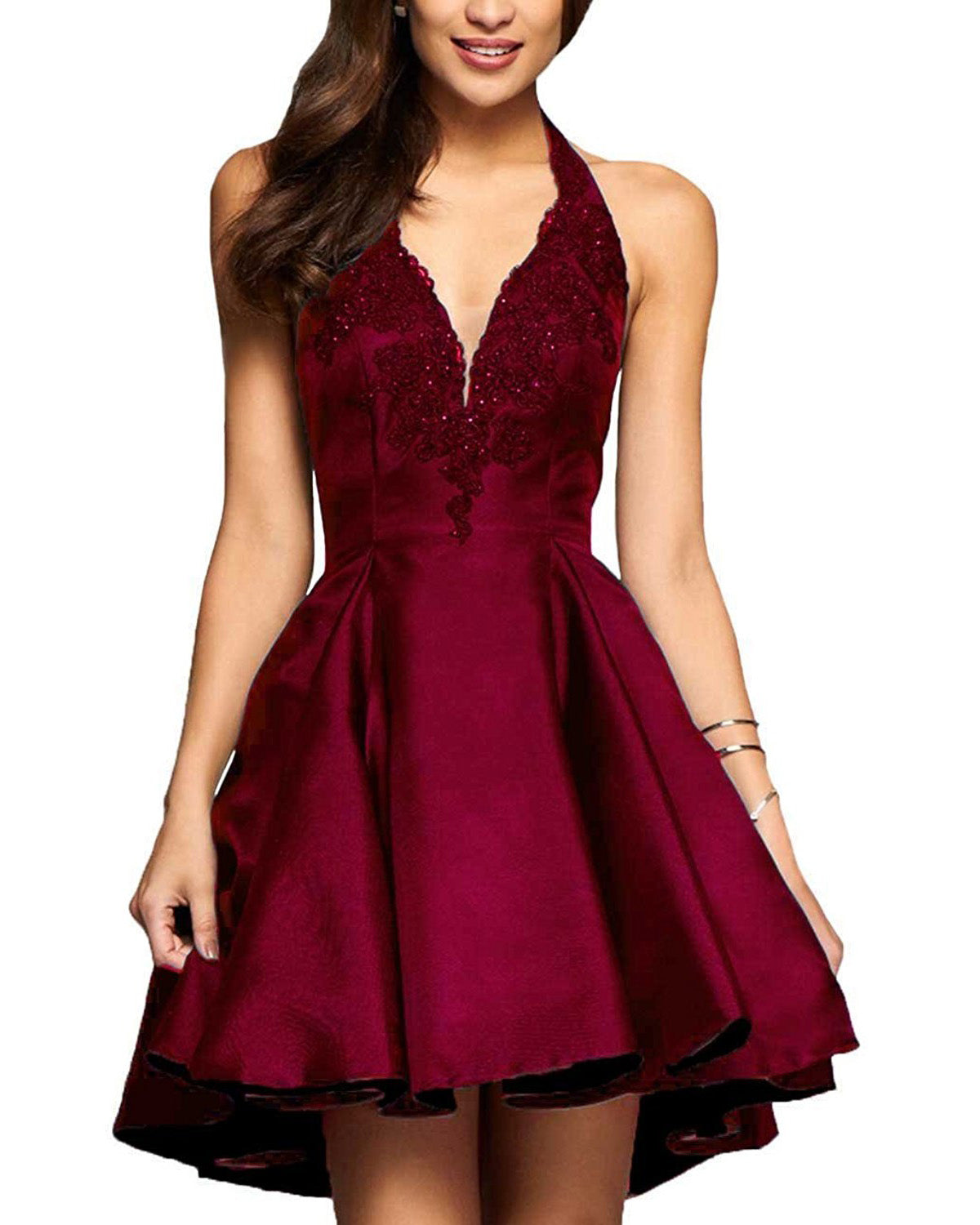 Burgundy Halter V Neck Short Lace Appliqued Homecoming Dress Short Coc Siaoryne 2375