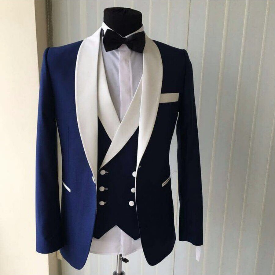 Blue and White Groomsmen Men Wedding Suit Tuxedo Formal Wear – Siaoryne