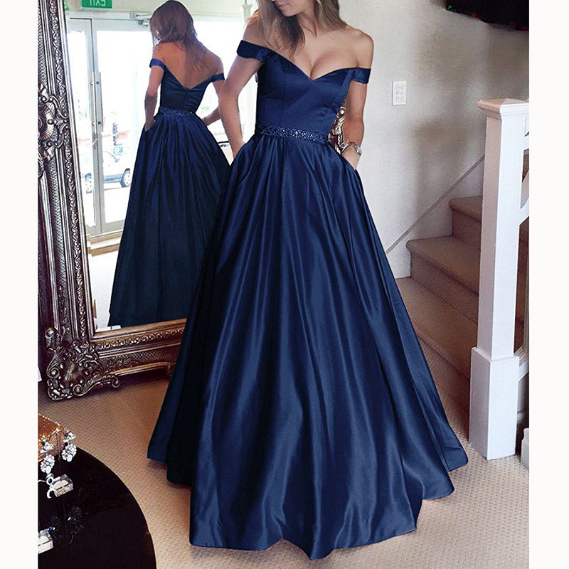 Elegant Off the Shoulder A Line Satin Prom Dress Girls Graduation Long ...