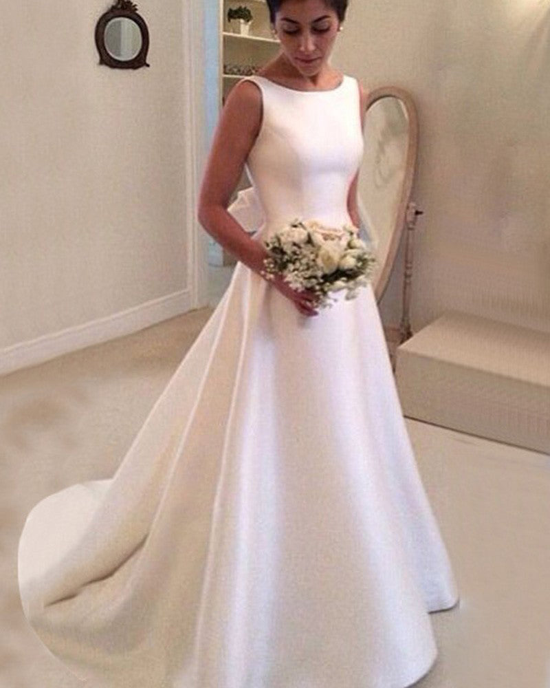  Simple  Elegant Boat Neck Satin A Line  Bridal  Dress  Women 