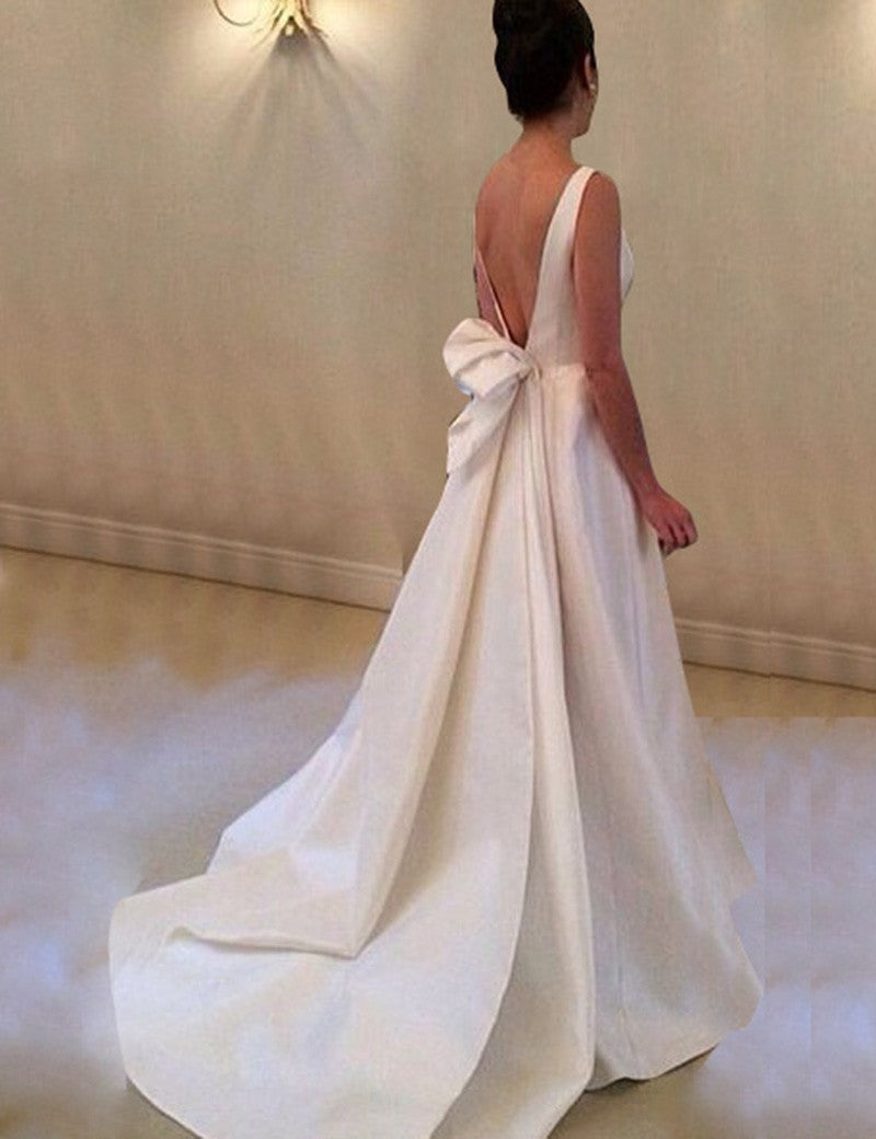 Simple Elegant Boat Neck Satin A Line Bridal Dress Women Wedding Gown