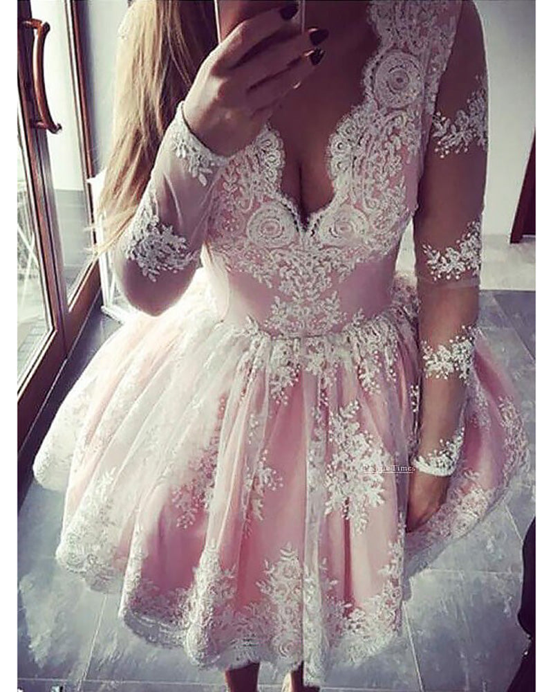 Short V Neck Blush Pink Lace Homecoming Dresses SD1177 – Viniodress